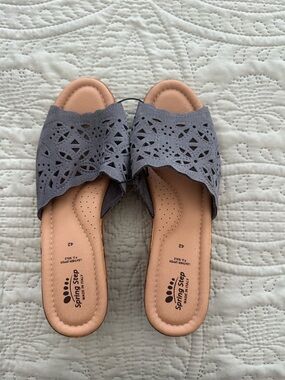 Spring Step Women’s Italian Leather Cork Wedge Sandal Sz 10 Steel Blue